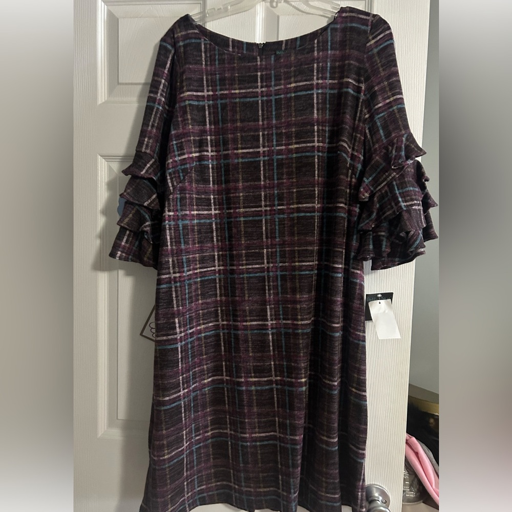 Gabby Skye Plaid Long Sleeve Dress - Purple and Blue